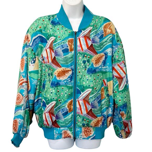 Vintage 80s Oversize Blue Green Angel Fish Ocean Silk Bomber Jacket size S / M - Picture 1 of 12
